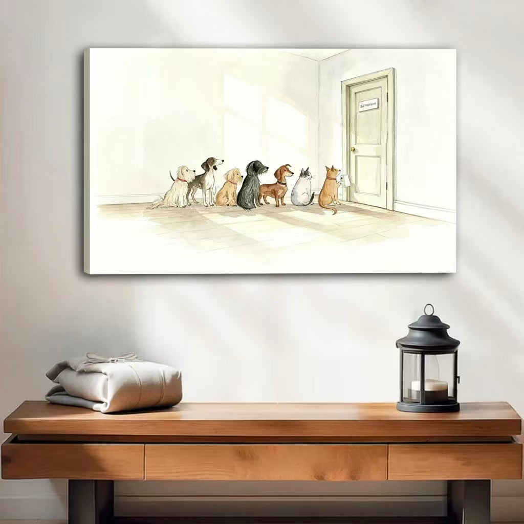 Whimsical dog and cat queue wall art in black floating frame above entryway console