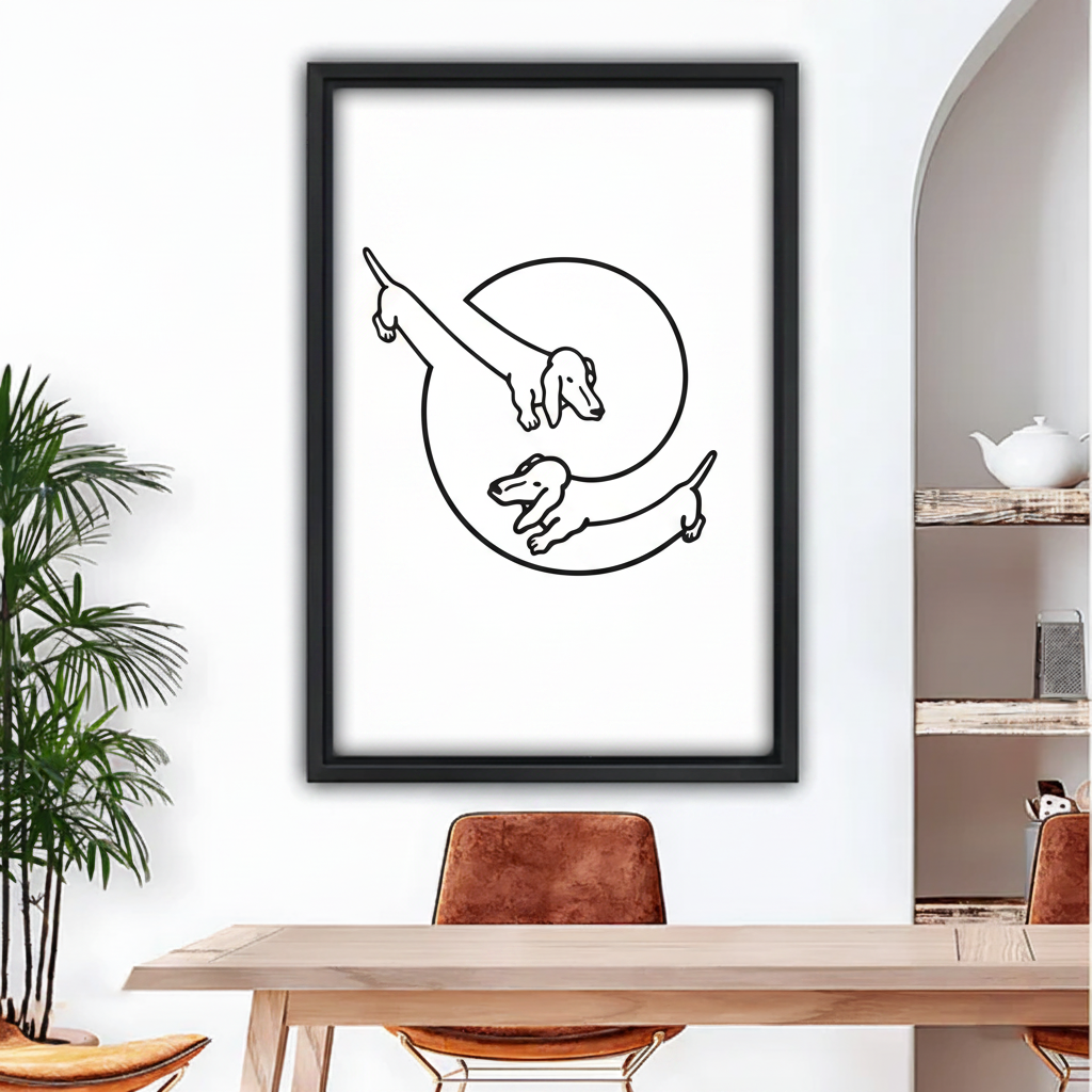 Dachshund duo line art black framed wall art hanging in modern dining room with leather chairs and arched doorway