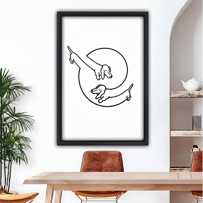 Dachshund duo line art black framed wall art hanging in modern dining room with leather chairs and arched doorway