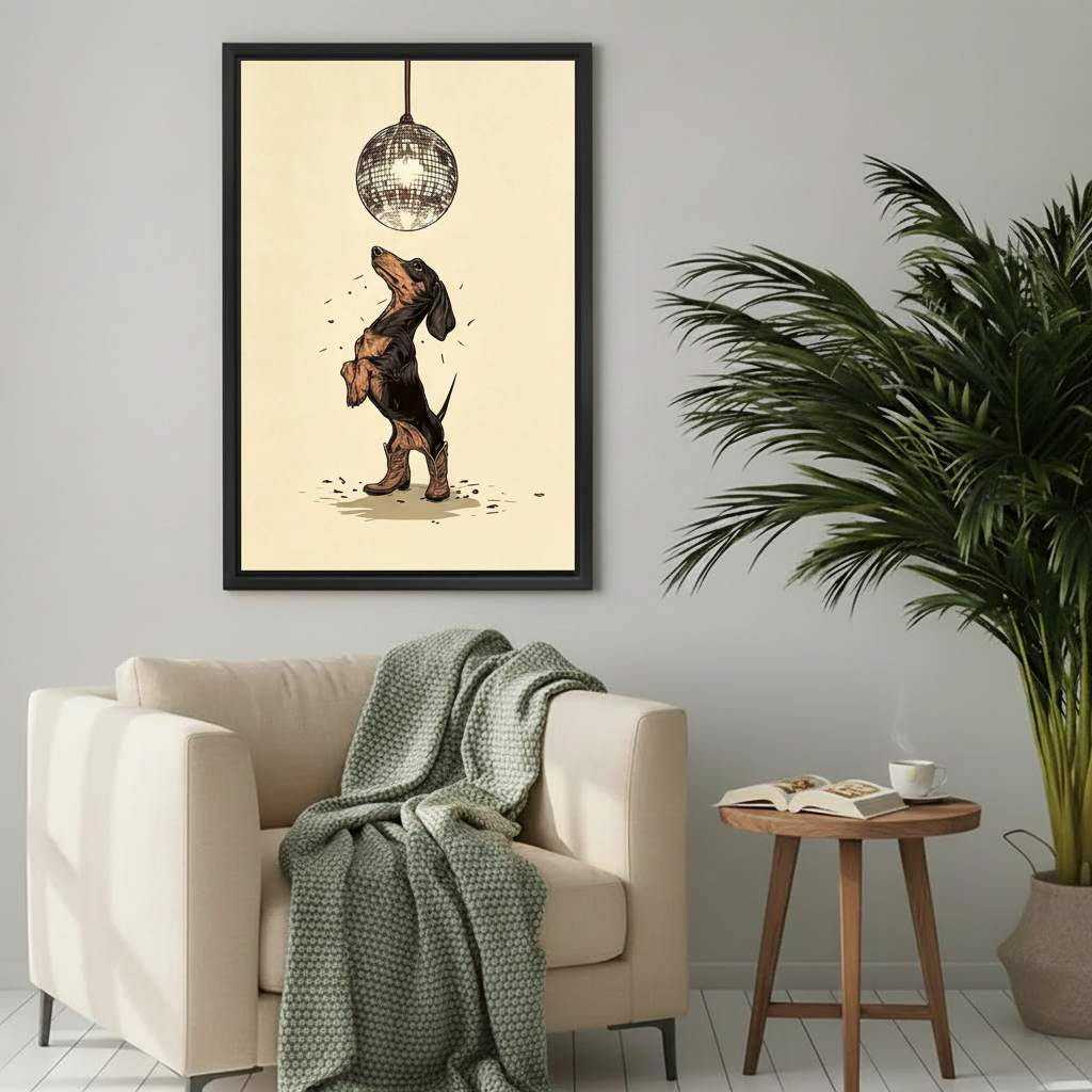 Black framed disco dachshund cowboy boots canvas print above cream armchair with green knit throw cozy room
