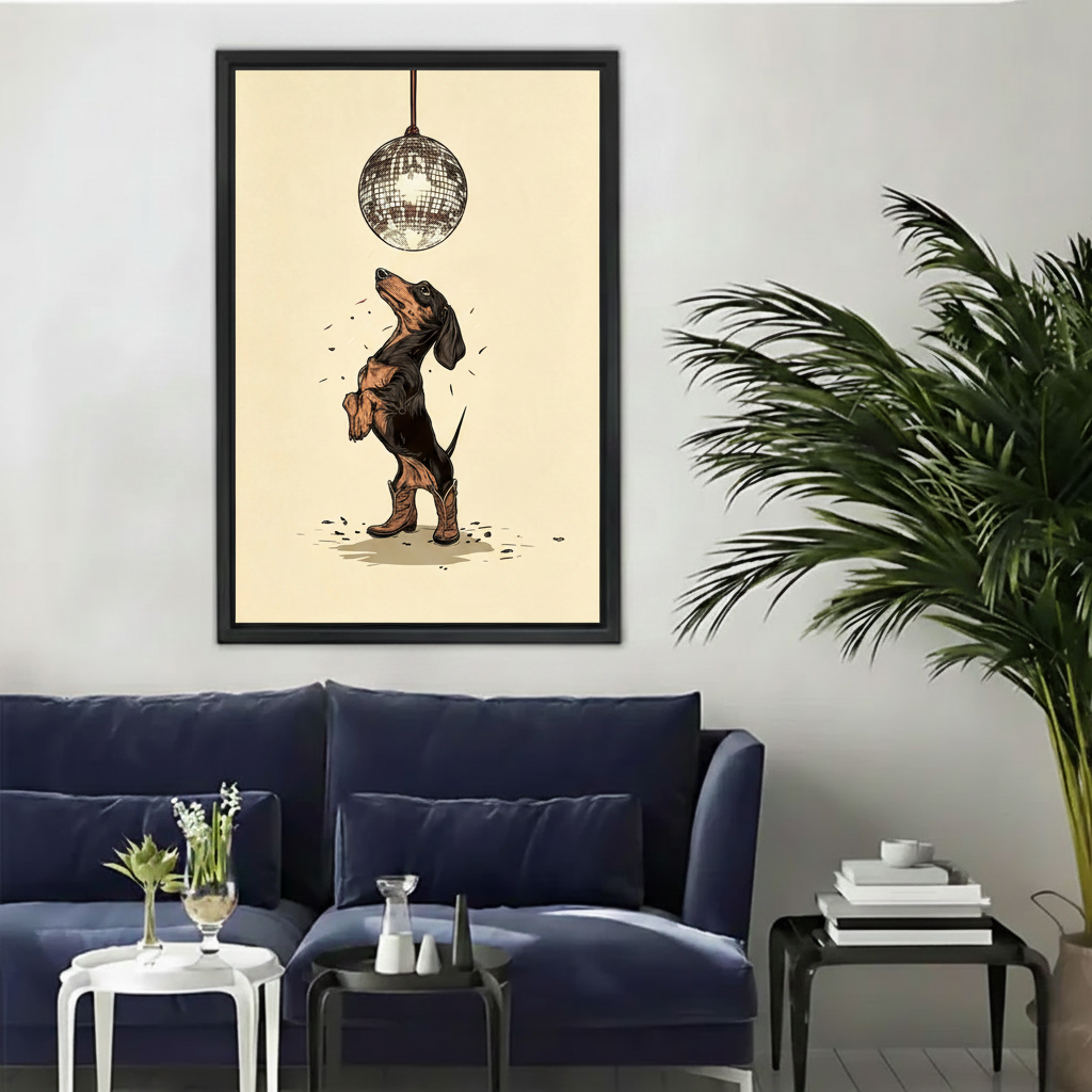 Retro sketch disco dachshund cowboy boots framed canvas wall art above navy blue sofa with palm plant