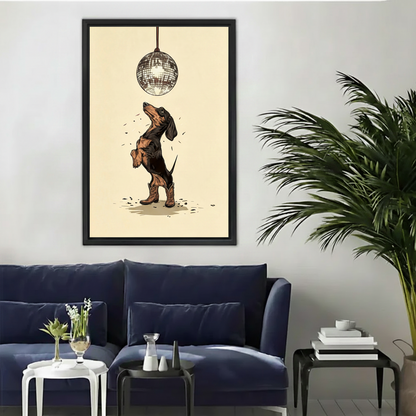Retro sketch disco dachshund cowboy boots framed canvas wall art above navy blue sofa with palm plant