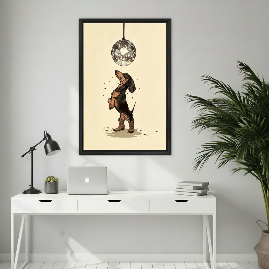Retro disco dachshund canvas wall art black frame above white desk with laptop and books home office