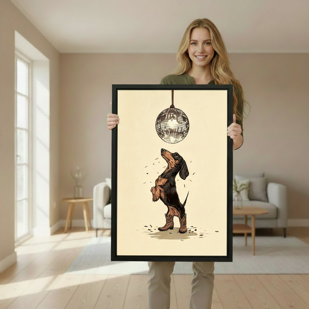 Smiling woman holding large black framed disco dachshund cowboy boots canvas wall art in bright living room
