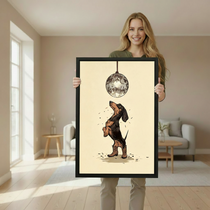 Smiling woman holding large black framed disco dachshund cowboy boots canvas wall art in bright living room