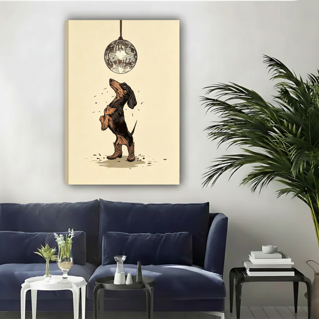 Disco dachshund cowboy boots unframed gallery wrap canvas wall art above navy sofa contemporary living room