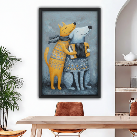Black framed canvas print featuring a folk art style dog duo with accordion, hung in a bright dining room
