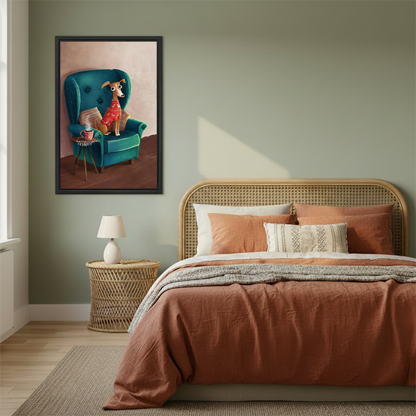 Black-framed dog in armchair canvas wall art between green plants, showing a sweater-wearing dog in a teal chair.