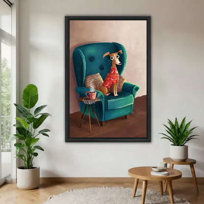Black-framed dog in armchair canvas wall art above a cream sofa and wooden coffee table in a bright room.