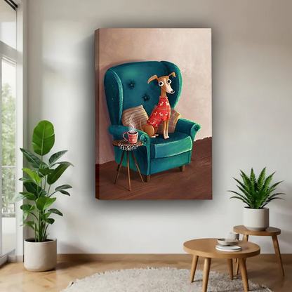 Gallery-wrapped dog in armchair canvas wall art beside leafy plants, featuring a red sweater and teal wingback chair.
