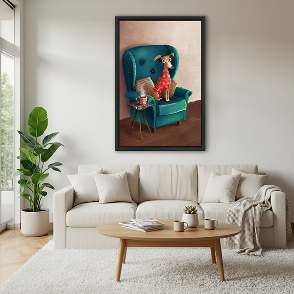 Framed dog in armchair canvas wall art beside a rattan bed with terracotta bedding and a white bedside lamp.