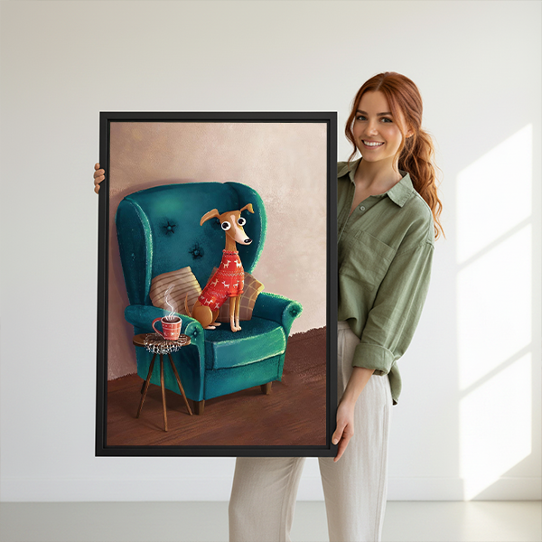 Woman holding black-framed dog in armchair canvas wall art showing a tan dog beside a steaming pink cup.
