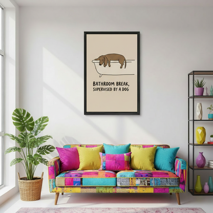 Whimsical dog in bathtub framed wall art hung above sofa in a bright modern living room