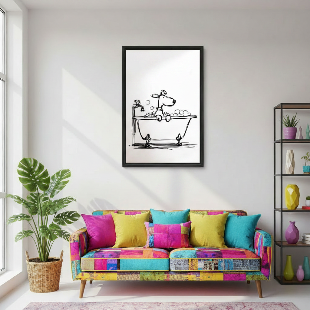 Funny dog in bathtub framed wall art hung in a bright modern living room above a sofa