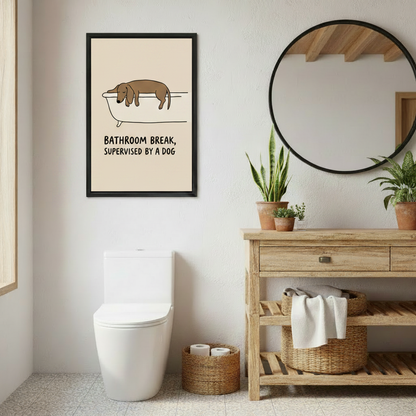 Funny dachshund bathtub folk art canvas print displayed as cozy bedroom wall decor for dog lovers