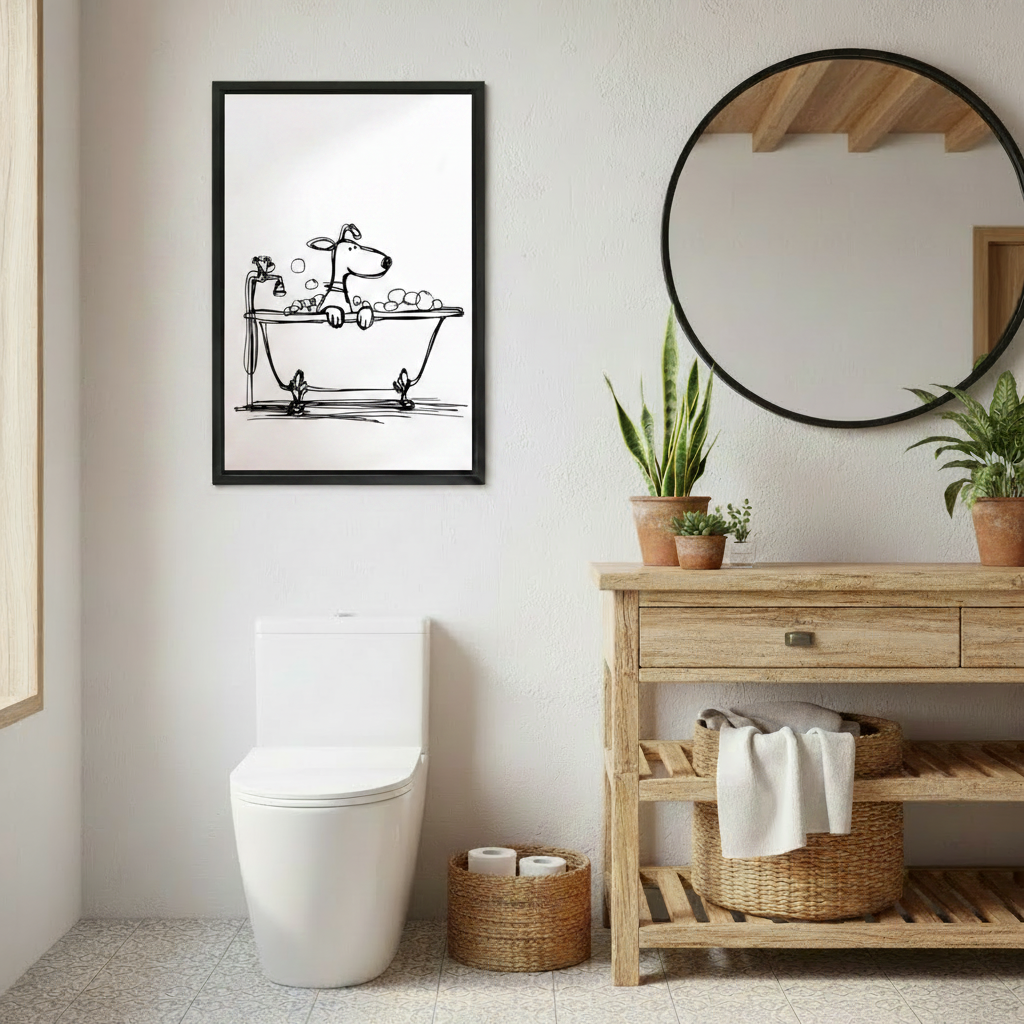 Whimsical dog bathtub folk art canvas print displayed in a cozy bedroom as pet lover wall decor