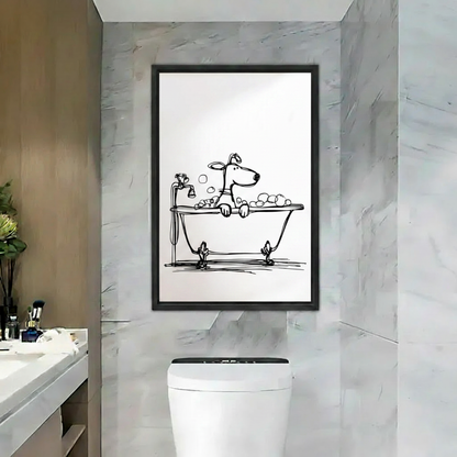 Framed canvas wall art of a whimsical dog in bathtub line drawing, hung above toilet in modern marble bathroom