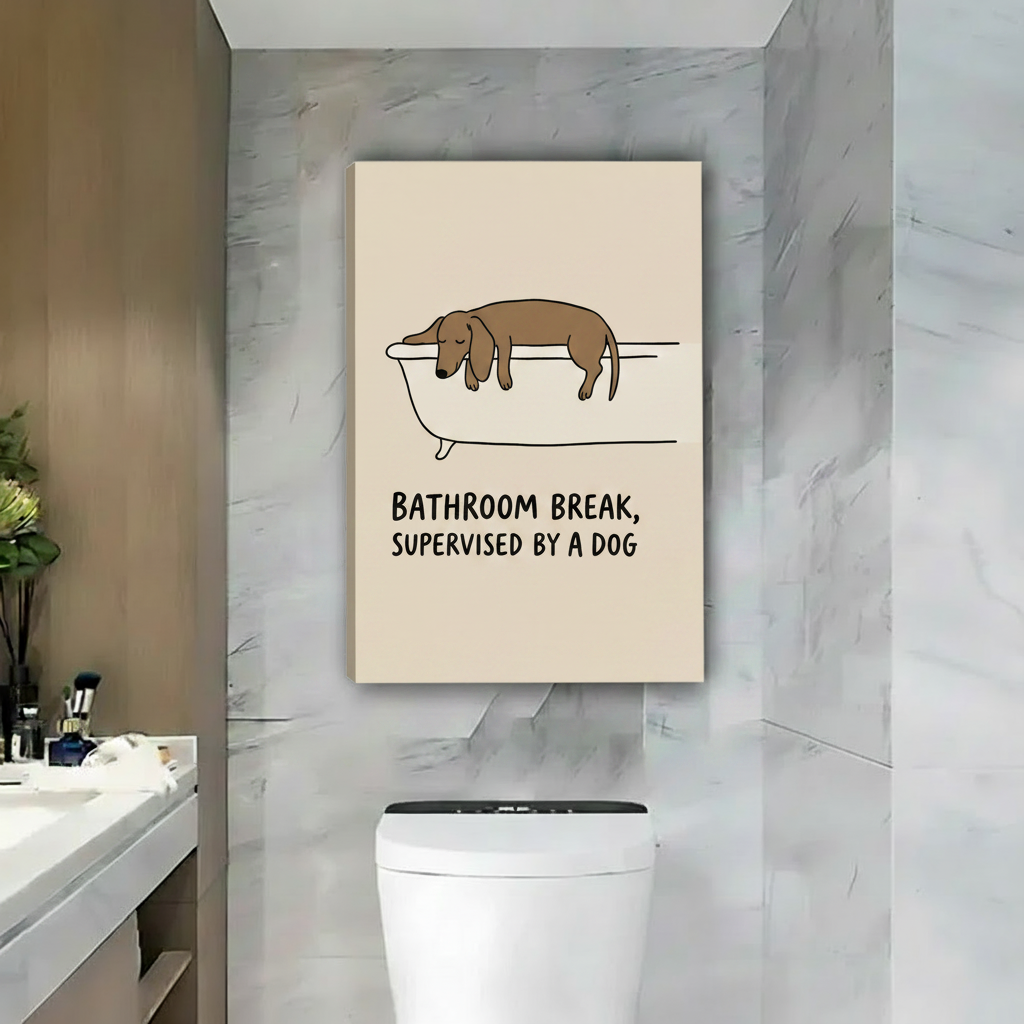 Unframed gallery wrap canvas print of whimsical dog in bathtub folk art, displayed in modern luxury bathroom