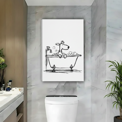 Unframed gallery wrap canvas print of funny dog bathtub folk art, displayed in contemporary marble bathroom