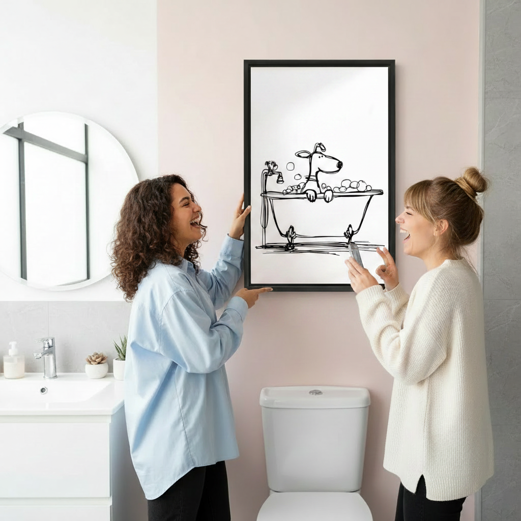 Hand-held display of whimsical dog bathtub canvas print, showing print quality and size reference
