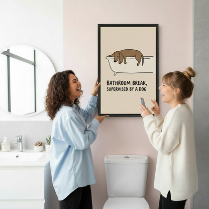 Hand-held display of funny dog bathtub canvas print showing artwork size and print quality detail