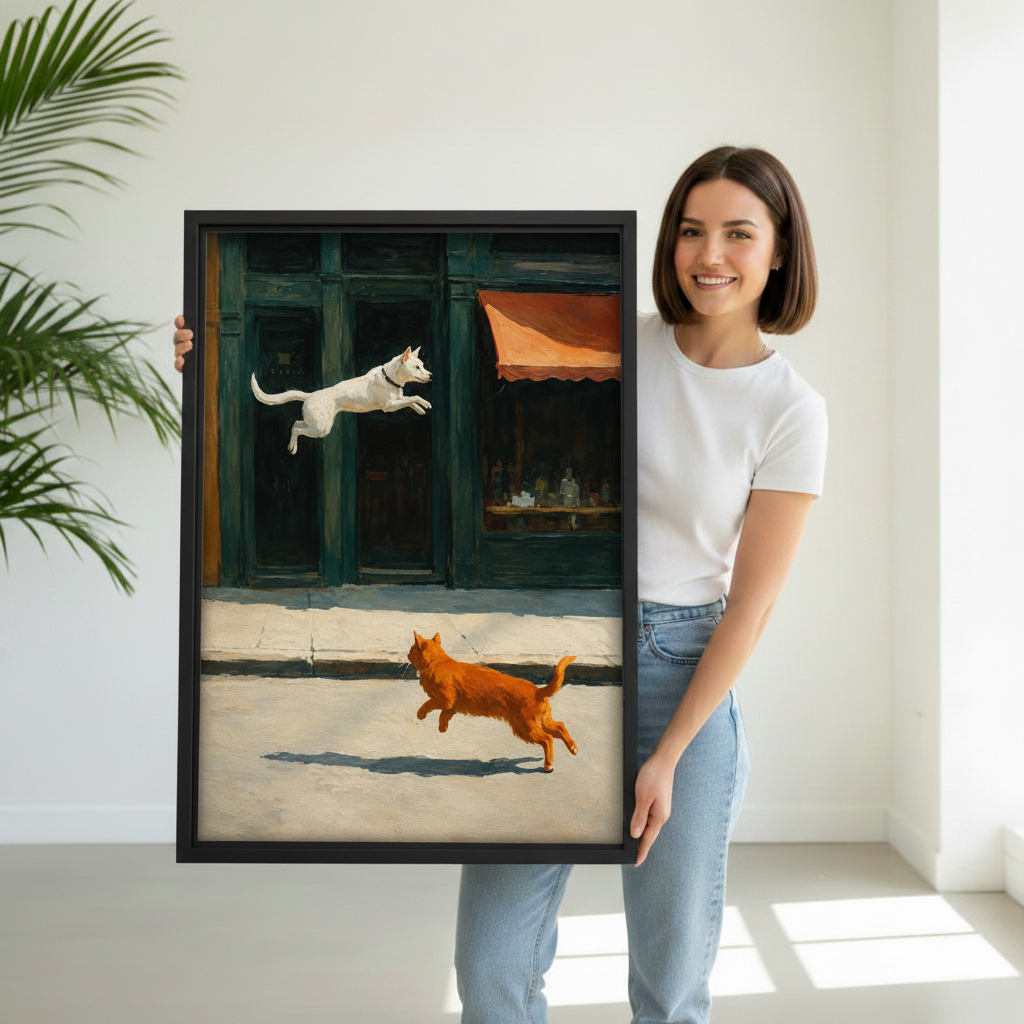 Woman holding large framed dog and cat oil painting canvas wall art, pet lover gift idea
