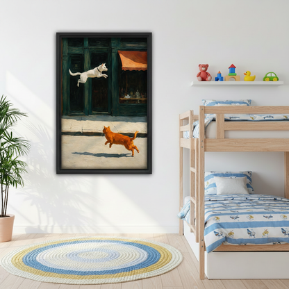 Dog chasing cat oil painting wall art in children's bedroom, framed canvas print decor