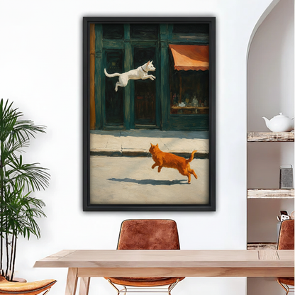 Oil painting canvas wall art of white dog leaping after orange cat on cobblestone street, framed black