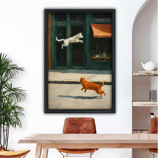 Oil painting canvas wall art of white dog leaping after orange cat on cobblestone street, framed black