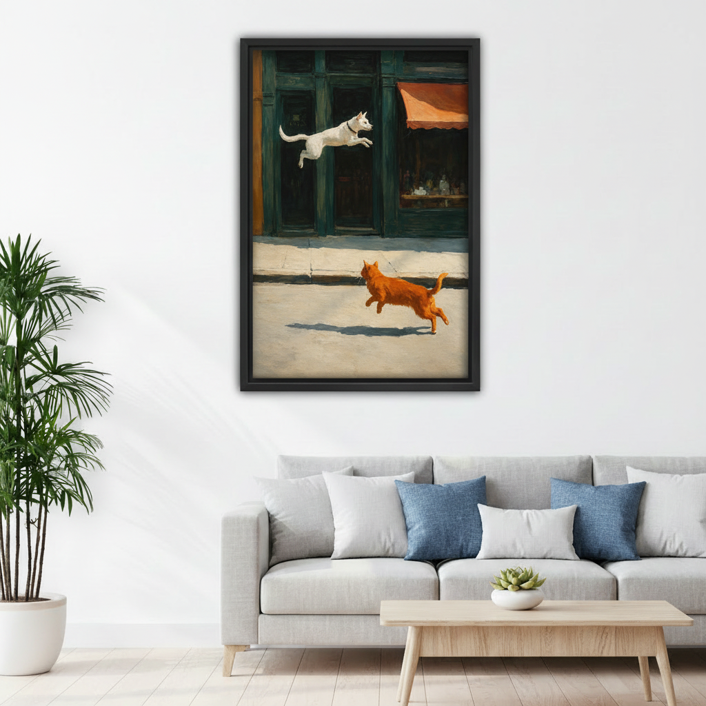 Black framed dog chasing cat canvas print hanging in living room above gray sofa