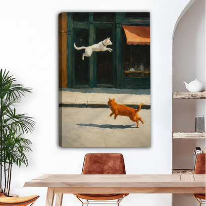 Dog chasing cat canvas print displayed in dining room, oil painting wall art decor