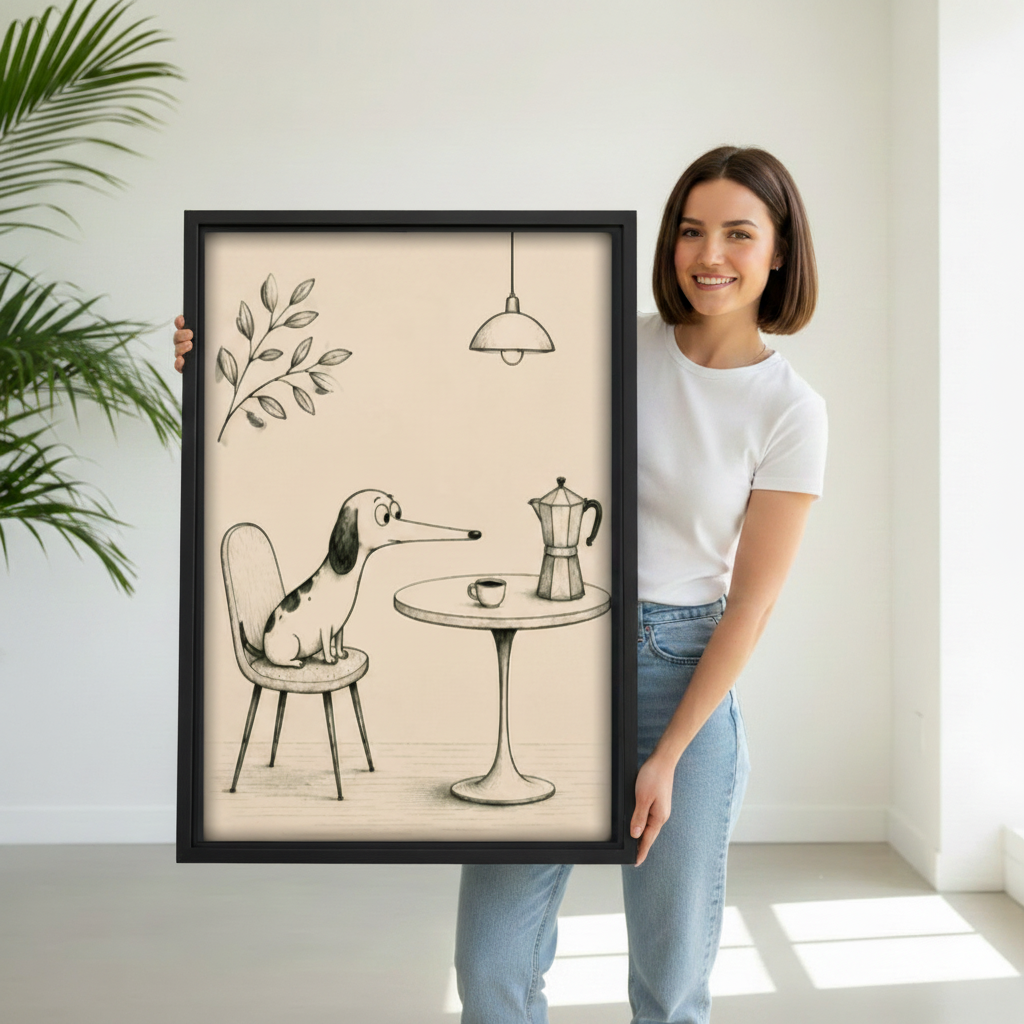 Charming dog café illustration in black frame shown with size reference – whimsical animal art print for home decor
