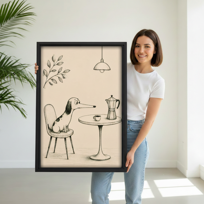 Charming dog café illustration in black frame shown with size reference – whimsical animal art print for home decor