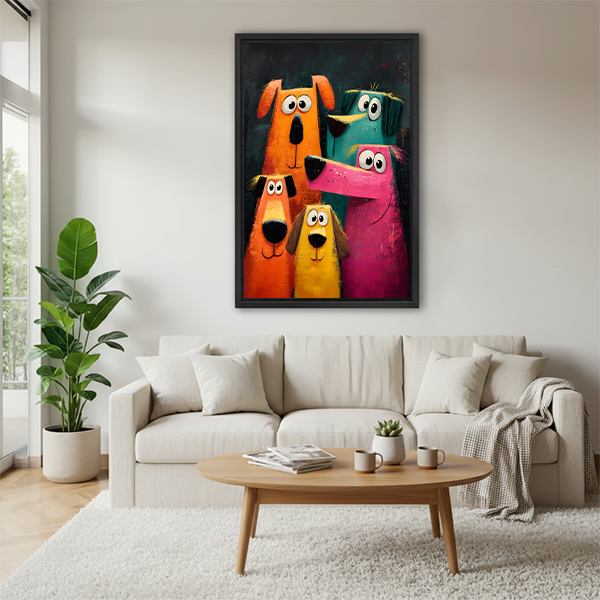 Woman holds framed colorful dogs canvas wall art featuring five playful pups against a dark backdrop.