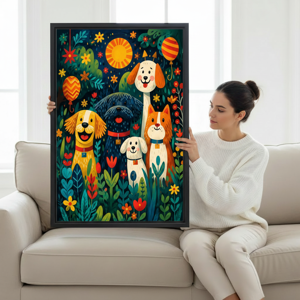 Dog garden party canvas art without frame mounted on bedroom wall with plant decor