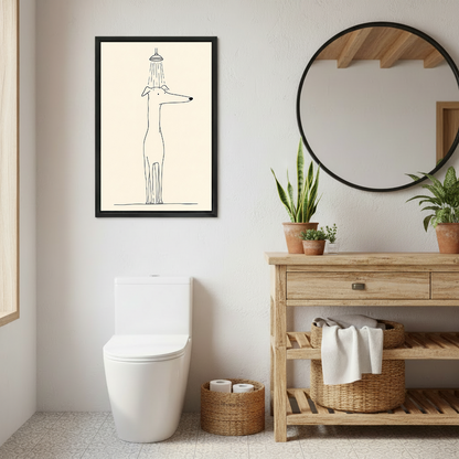 Minimalist dog in shower canvas wall art in a black frame beside a round mirror and wooden bathroom vanity.