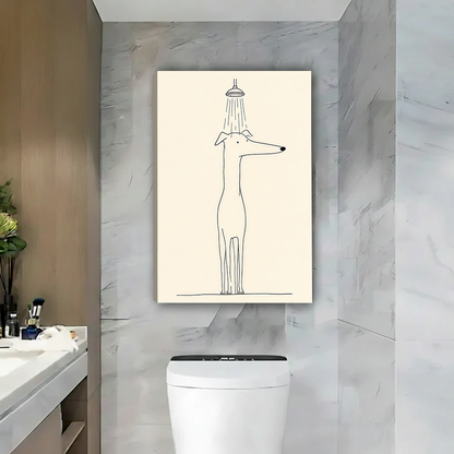 Dog in shower canvas wall art with minimalist black linework, displayed in a black frame above a colorful sofa.