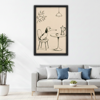 Quirky dog and moka pot sketch framed print above sofa – vintage-style animal illustration for living room wall