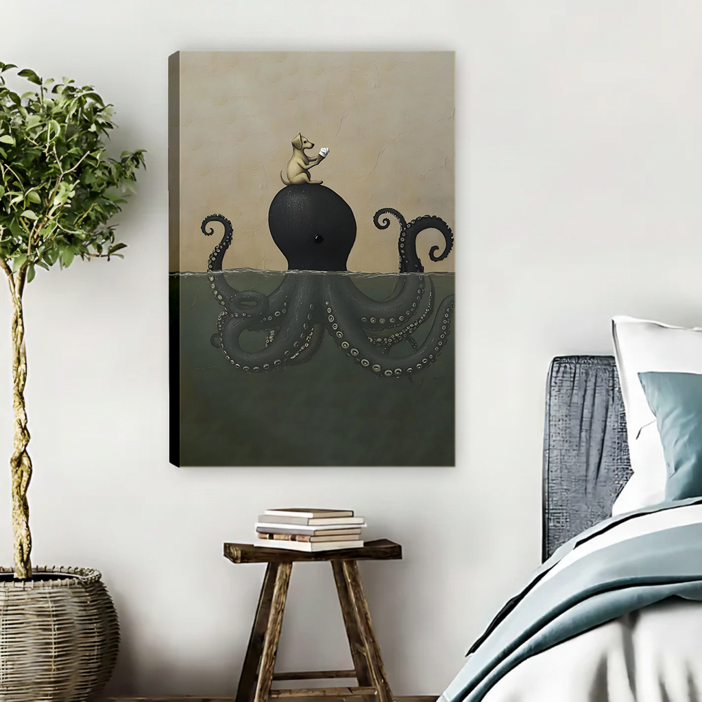 Unframed dog riding giant octopus surreal dark fantasy canvas art print hanging in modern bedroom with plant and blue bedding