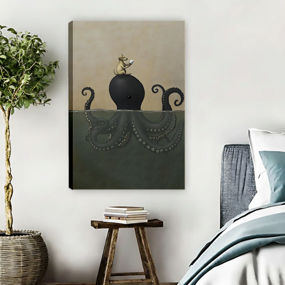 Unframed dog riding giant octopus surreal dark fantasy canvas art print hanging in modern bedroom with plant and blue bedding