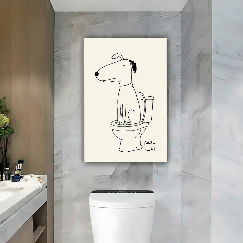 Dog on toilet canvas wall art with minimalist black lines, framed above a colorful patchwork sofa.