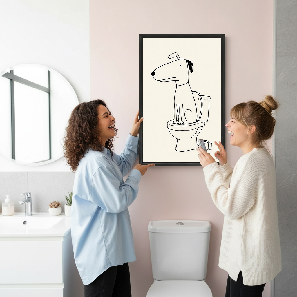 Funny dog on toilet canvas wall art in a black frame above a toilet against gray marble walls.