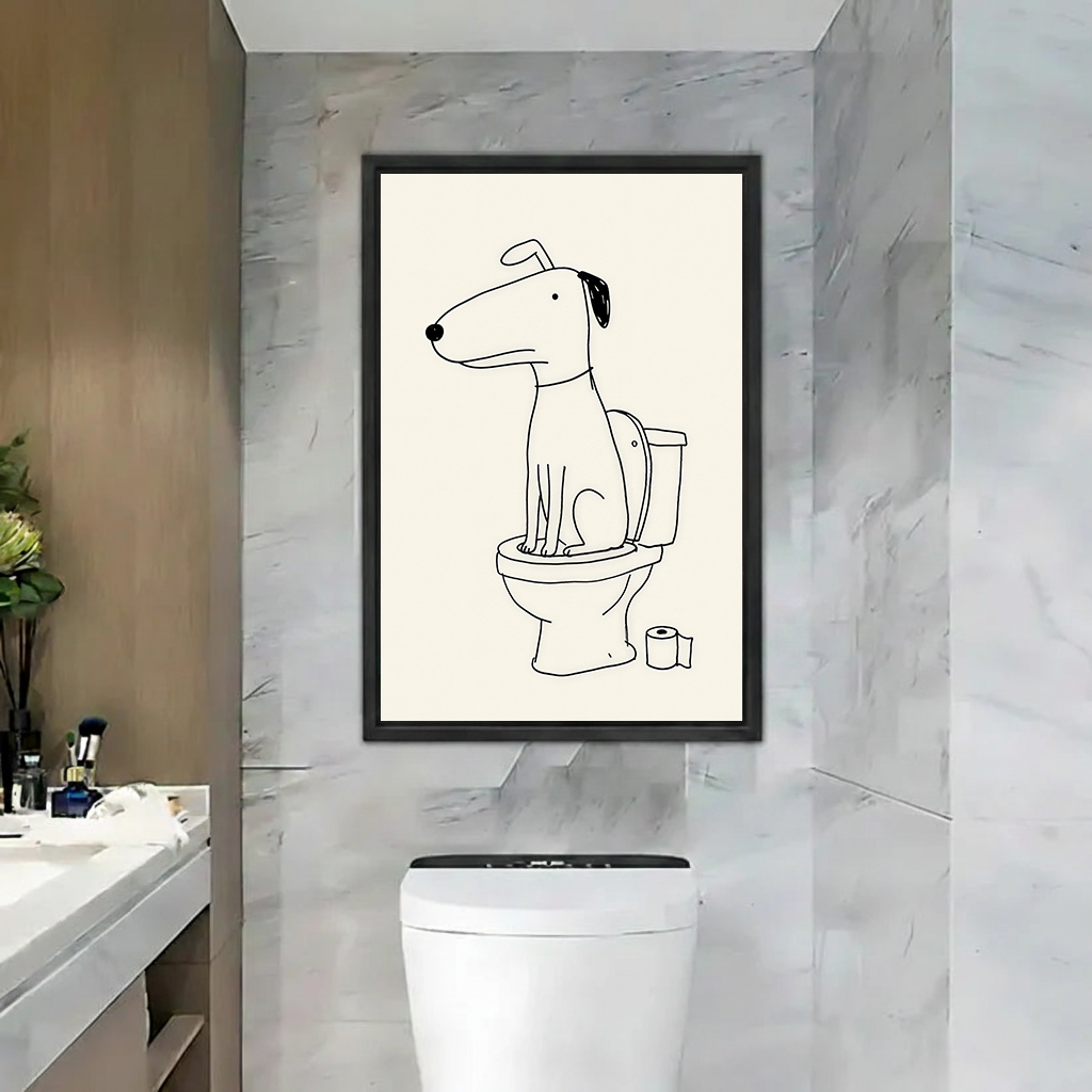Minimalist dog on toilet canvas wall art in a black frame, displayed beside two laughing women in a bathroom.