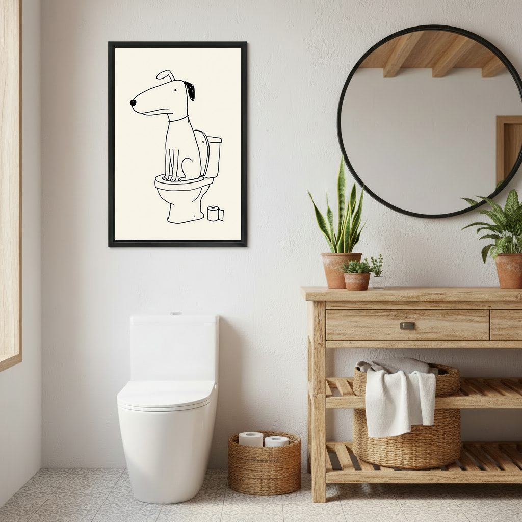 Minimalist dog on toilet canvas wall art in a black frame beside a round mirror and wooden bathroom vanity.