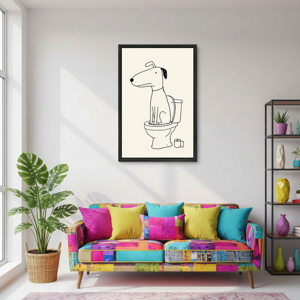 Unframed dog on toilet canvas wall art featuring minimalist black linework, displayed above a toilet in a marble bathroom.