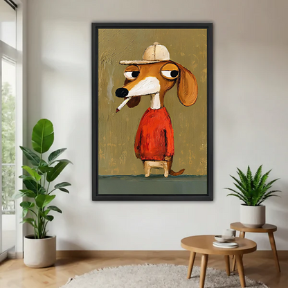 Woman holding framed whimsical dog in red sweater canvas wall art featuring a cream cap and olive background.