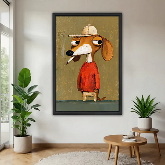 Woman holding framed whimsical dog in red sweater canvas wall art featuring a cream cap and olive background.