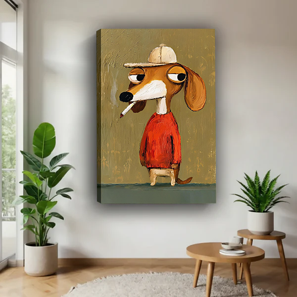 Whimsical dog in red sweater canvas wall art without an outer frame, displayed between leafy houseplants.