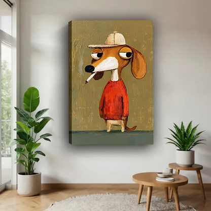 Whimsical dog in red sweater canvas wall art without an outer frame, displayed between leafy houseplants.