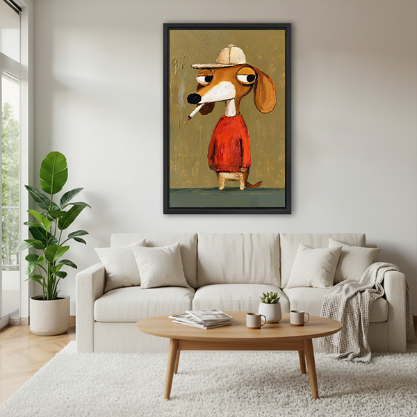 Dog in red sweater canvas wall art in a black frame beside a rattan bed with terracotta bedding.